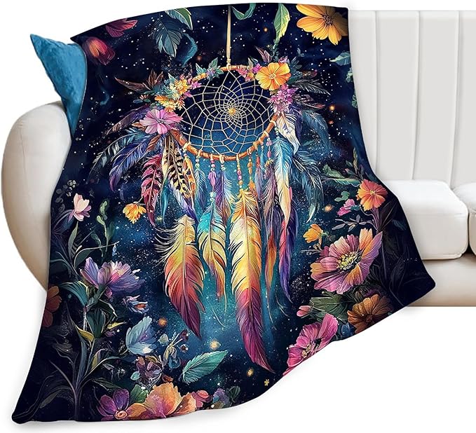 Dream Catcher Blanket Floral Feather Decor Throw Blanket Super Soft Flannel Lightweight Fluffy Plush Cozy Fuzzy Fleece Gifts Blanket for Girl Woman Man Boys Kids Adults for Bed Sofa 40"X50"