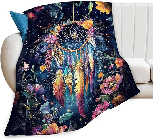 Dream Catcher Blanket Floral Feather Decor Throw Blanket Super Soft Flannel Lightweight Fluffy Plush Cozy Fuzzy Fleece Gifts Blanket for Girl Woman Man Boys Kids Adults for Bed Sofa 40"X50"
