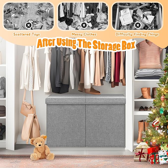 Large Toy Storage Box with Lid Divider, Sturdy Collapsible Toys Organizer Chest Kids Storage Bins Boxes Baskets for Boys, Girls, Nursery, Bedroom, Living Room, Playroom, 25"x13"x16", Gray