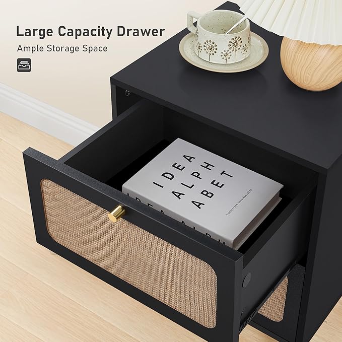 16" Wood Nightstand Set of 2, Farmhouse End Table with 2 Storage Drawer, Modern Bedside Table with Linen Decor, Minimalist Night Stand for Living Room, Bedroom & Small Space (Black)