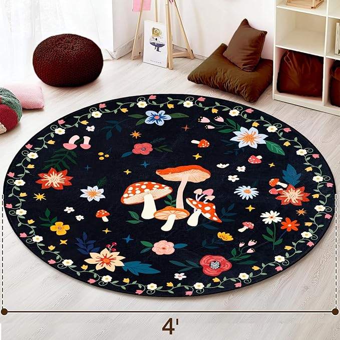 4' Machine Washable Round Area Rug, Non-Slip Vintage Floral Circle Floor Rugs for Kids, Low Pile Room Carpet for Living Room, Bedroom, Dining Room & Nursery(4' Black Mushroom)