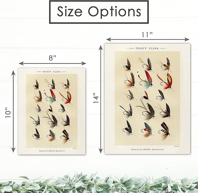 DREAM BIG PRINTABLES Vintage Fly Fishing Decor (Set of 4) - Unframed - 11x14 | Great Gift for Fisherman - Reproductions of Vintage Fishing Lure Art Prints - Rustic Decor