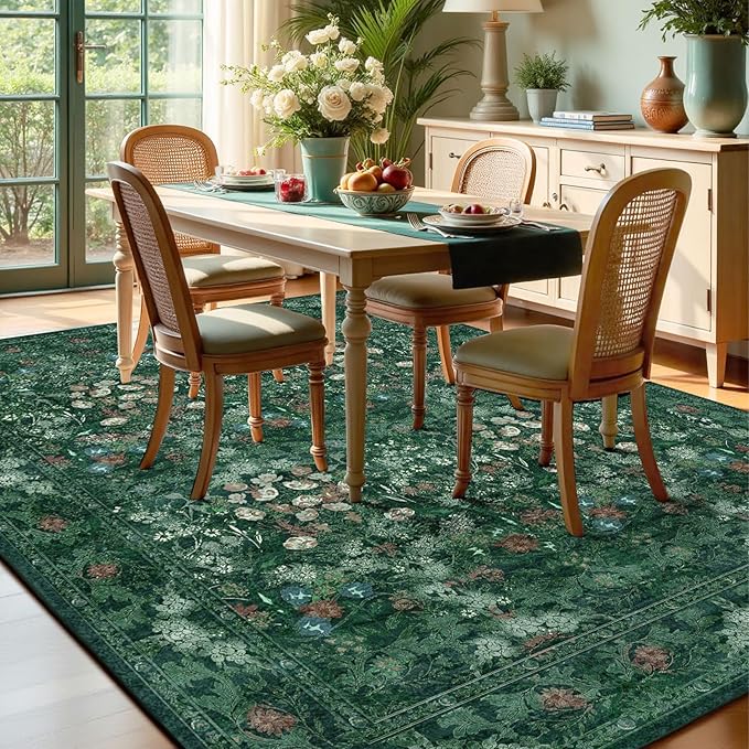 Green Boho Living Room 5x7 Area Rug, Floral Washable Vintage Distressed Rug for Dining Room Under Table, Bedroom, Nursery, Home Office - Low Pile Non Slip Art Deco Carpet, Farmhouse Accent Mat