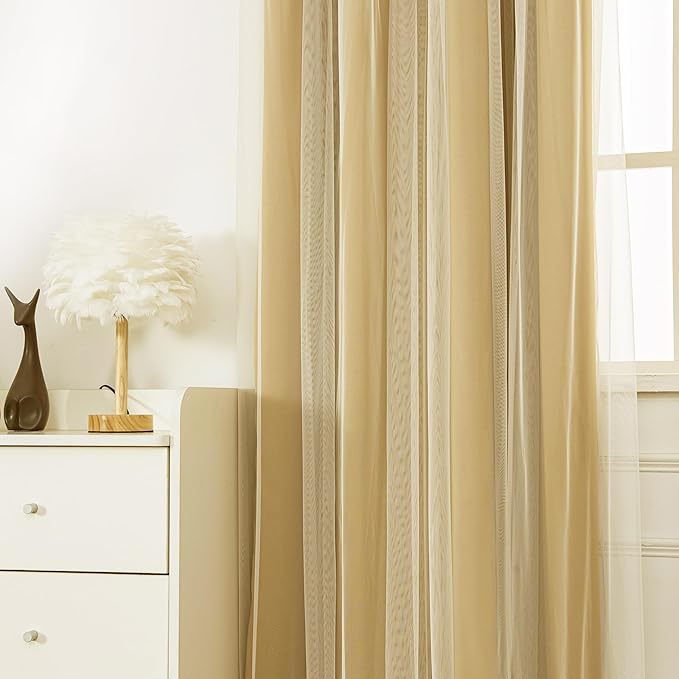 INLINAS Gold Blackout Curtains with Sheer Overlay - Grommet Top Thermal and Noise Reduction Panels for Bedroom and Living Room Light Blocking and Energy Saving, 52 x 108 Inches, Set of 2