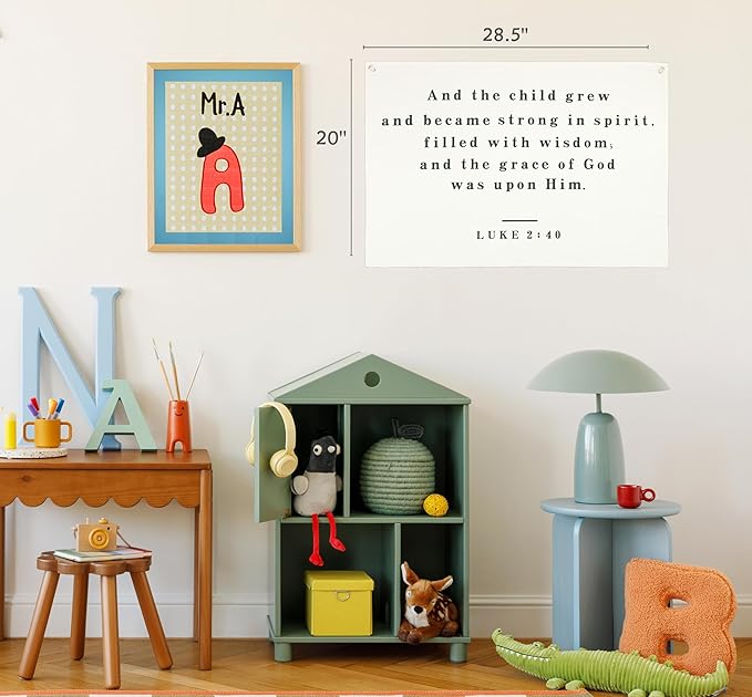 Christian Bible Verse Scripture Rectangular Banner Flag Wall Decor Gift for Baby Boy Girl Kid,Nursery Bedroom Reading Room Decor-and the Child Grew-Baby Present Shower,Birthday Christmas Gift