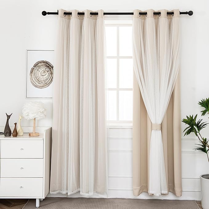 INLINAS Beige Blackout Curtains with Sheer Overlay - Grommet Top Thermal and Noise Reduction Panels for Bedroom and Living Room Light Blocking and Energy Saving, 52 x 63 Inches, Set of 2