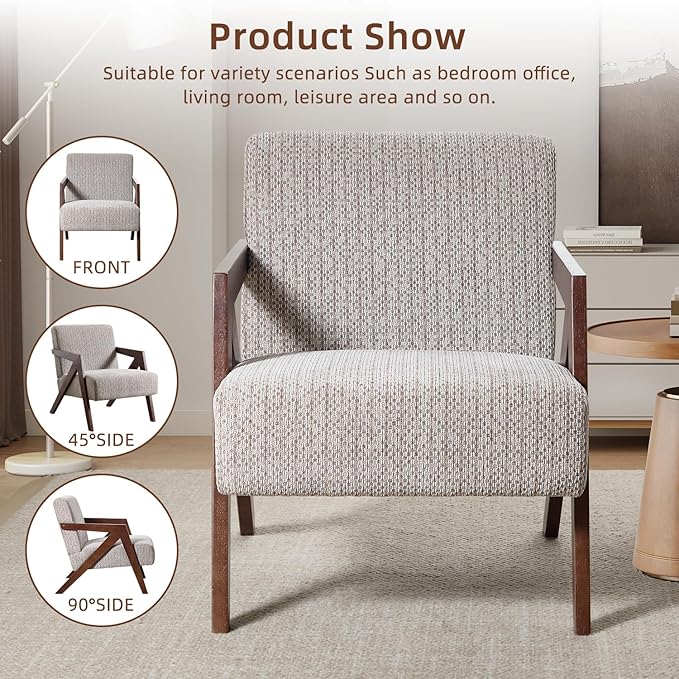INZOY Mid Century Modern Accent Chair with Wood Frame, Upholstered Reading Armchair with Soft Linen Fabric, Accent Chair for Living Room Bedroom Apartment, Easy Assembly, Light Brown