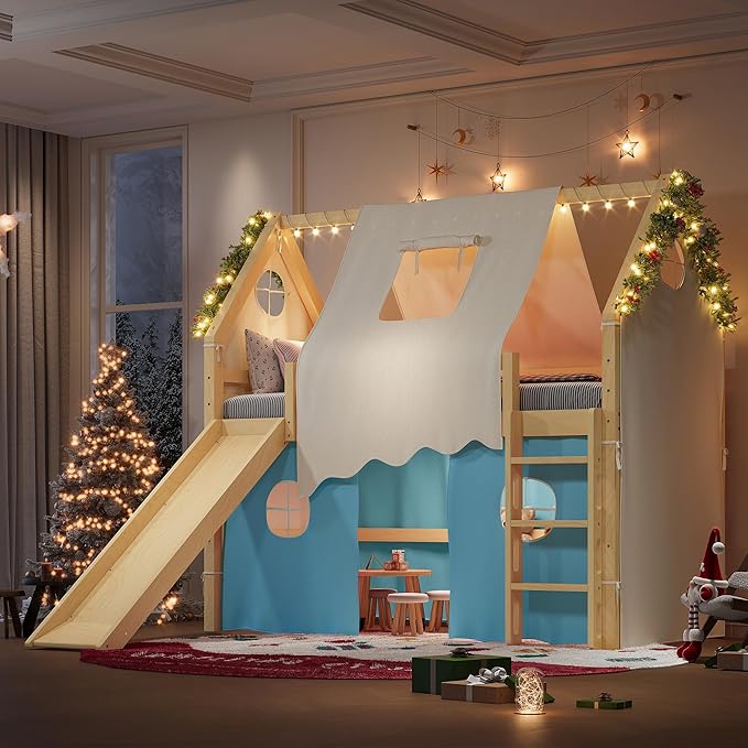 Playhouse Design Twin Size Loft Bed with Slide & Tent, Solid Wood Tent Bed Frame for Kids Boys Girls, Versatile Spacious Under Bed Space, Chic Design with Lights (Natural+Blue-Twin)