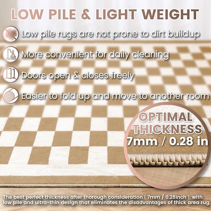Washable 5x7 Checkered Area Rug for Living Room, Tan Brown Checkerboard Modern Boho Large Rugs, Ultra Thin Low Pile Lightweight Indoor Carpet with Non-Slip Backing for Bedroom Kids Nursery Play Room