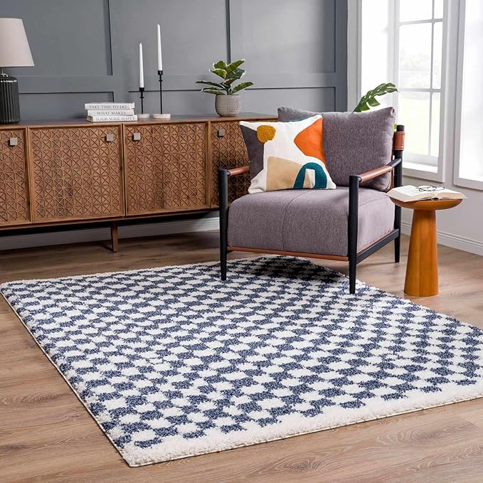 Hauteloom Kieu Contemporary Checkered Fluffy Shag Area Rug - Modern Geometric Soft Carpet Tiles for Living Room, Kids Room, Nursery - White, Blue - 8'10" x 12'