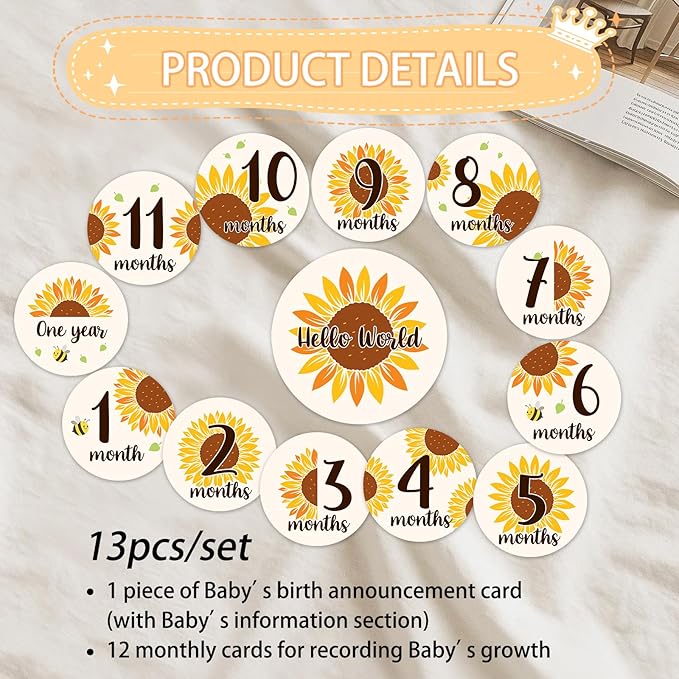 Baby Monthly Milestone Cards Sign - 13Pcs Double Sided Sunflower Milestone Markers, Flower Pattern Wooden Circles Discs Newborn Announcement Marker, Baby Shower Newborn Sign Photo Cards Gift Set