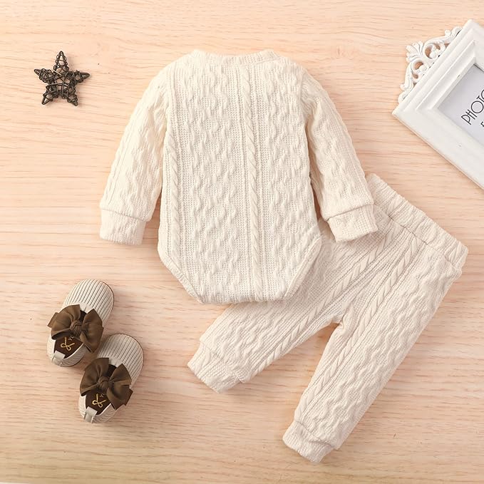 Newborn Baby Boy Girl Clothes Ribbed Knitted Cotton Long Sleeve Romper Long Pants Solid Color Fall Winter Outfits