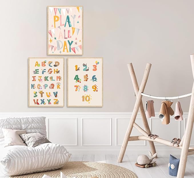 Burshley 3pcs Children Playroom Wall Art Canvas Prints ABC Learning Posters Play All Day Flags 123 Counting Paintings Colorful Educational Kids Wall Decor Nursery Kindergarten Decoration Unframed