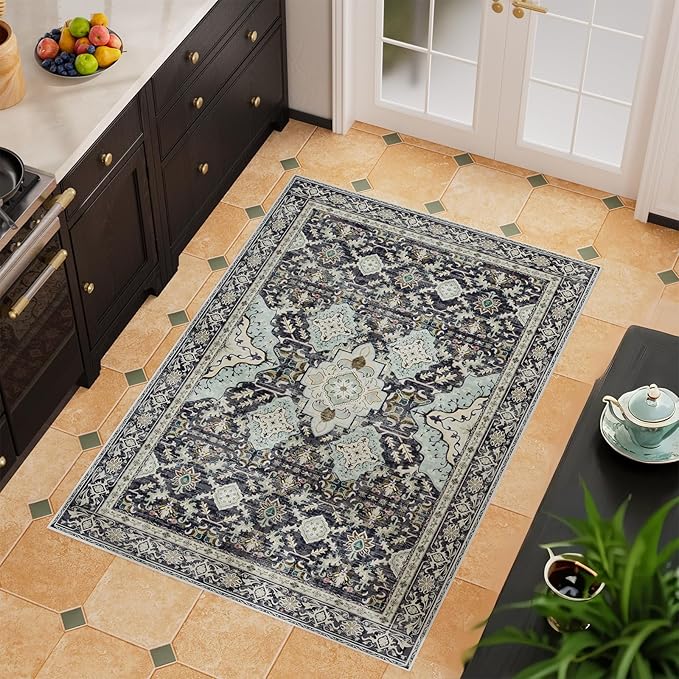 AMTOVO 2x3 Washable Entryway Area Rug Door Mat, Vintage Boho Distressed Print Pattern Non-Slip Carpet, Small Throw Rug for Indoor Entrance Kitchen Bedroom Bathroom Laundry Floor, Grayish Blue