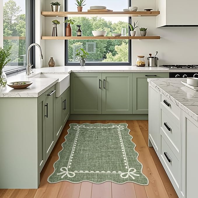 GarveeHome Scalloped Bow Rug for Kitchen Floor, Solid Green Rug for Dorm, Washable Entryway Rugs 2x3 Soft Low Pile Non Slip Scalloped Rugs for Nursery Bedroom Decor Hallway