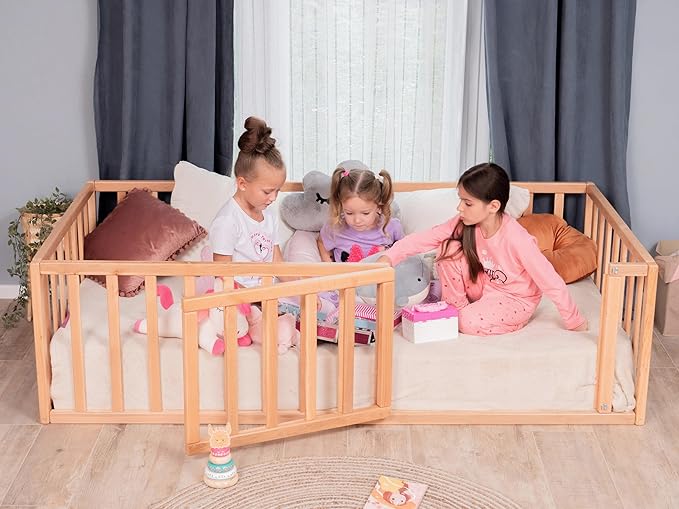 Toddler Bed Frame with 21.7" High Railings, Made in Europe from Alder Wood, 7 Colors Customizable Montessori Floor Bed, Kids Twin Bed Frame Painted With Water Based Paint, 5 sizes Kids Beds (Model 19)