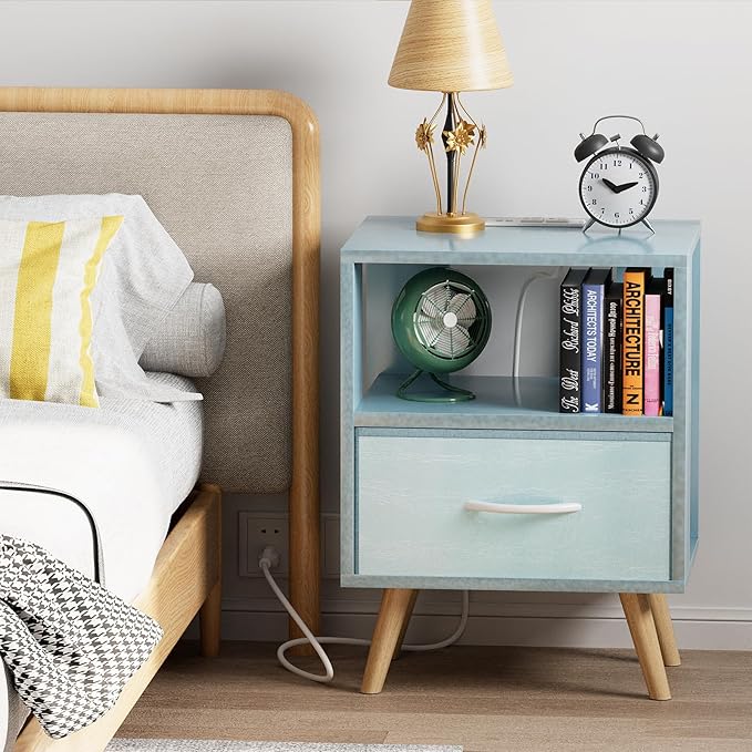 Night Stand with Charging Station, Blue Kids Nightstand with Drawer, 2-Tier Nursery Bedside Table with USB Ports and Outlets, End Table for Small Space, Living Room, Bedroom