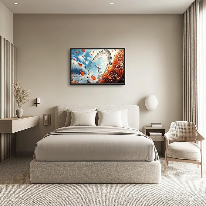 Olivine Large Fall Wall Art, London Eye Pictures Wall Decor, Fall London Painting, Autumn Canvas Prints, Framed Artwork for Bathroom Bedroom Living Room Office Home Decoration 36"x24"