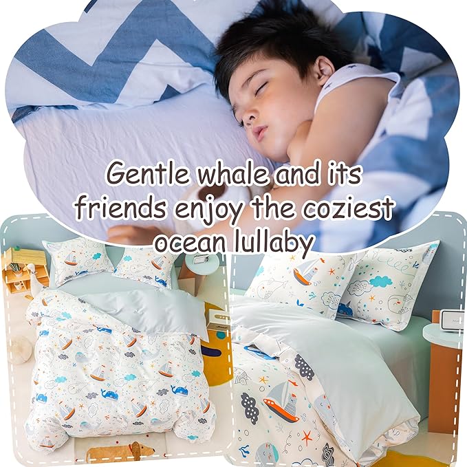Simple&Opulence 100% Organic Cotton Duvet Cover for Kids Teens, 4 Pieces Soft Comforter Cover with Zipper Closure Cool Boy Girl Sea Sailboat Ocean Bedding Set - Whale, Full/Queen