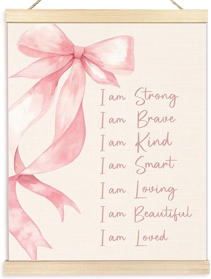 BESERH Coquette Pink Bow Inspirational Wall Art Posters, Motivational Quote Wall Decor, I Am Strong Positive Affirmation Preppy Canvas Prints Artwork Framed for Girls Room Dorm, 12x16 Inch