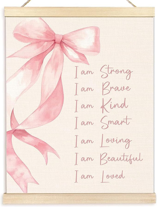 BESERH Coquette Pink Bow Inspirational Wall Art Posters, Motivational Quote Wall Decor, I Am Strong Positive Affirmation Preppy Canvas Prints Artwork Framed for Girls Room Dorm, 12x16 Inch