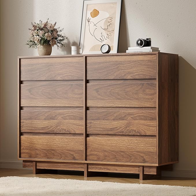 Walnut Dresser for Bedroom, 53.1" Wide 8 Drawer Dresser, Mid Century Modern Dressers Chest of Drawers, Wooden Large Dressers for Bedroom, Closet