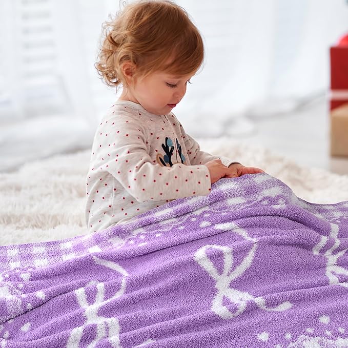 Purple Bow Baby Blanket – Knitted Throw with Elegant Bow Accent for Baby Girls, Nursery Bedding & Shower Presents – Soft & Cozy, 30x40 Inch