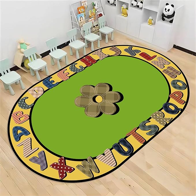 Children's Area Rugs, 5x7ft, Educational And Fun Rugs with ABC Alphabet, Early Learning Rug for Playroom Game Activity, Plaid Floral Non-Slip Soft Indoor Play Mat for Bedroom Nursery, Oval Rug