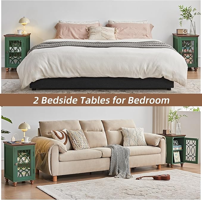 Narrow Side Table with Charging Station, Night Stand with Glass Door, Bedside End Tables with Adjustable Shelf Storage Cabinet,Wood Nightstand for Small Spaces Living Room Bedroom