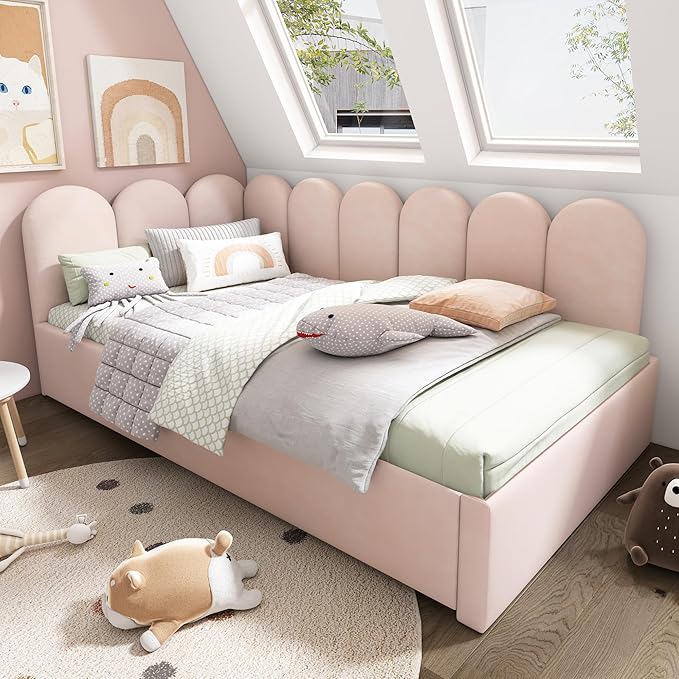Merax Twin Size Modern Upholstered Platform Bed with Trundle Bed, Floor Sofa Daybed with Metal Slat Support, Low Bed Frame with Headboard/Twin, Pink
