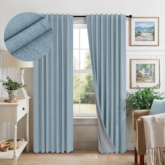 Light Blue Curtains for Bedroom 63 Inch Length 2 Panels Neutral Linen Textured Full Blackout Room Darkening Noise Reducing Curtain for Bay Window Kids Room Boys Nursery Dusty Slate Stone Blue 63 Long