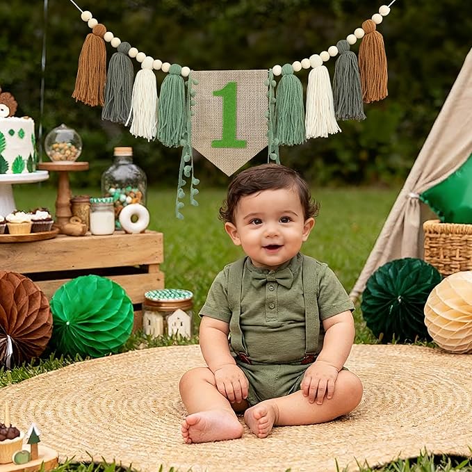 Wild One High Chair Banner Boy First Birthday Decorations,Jungle Green 1st Highchair Banner,Woodland One Year Old Party Decor Babys Themes Wood Bead Tassel Garland