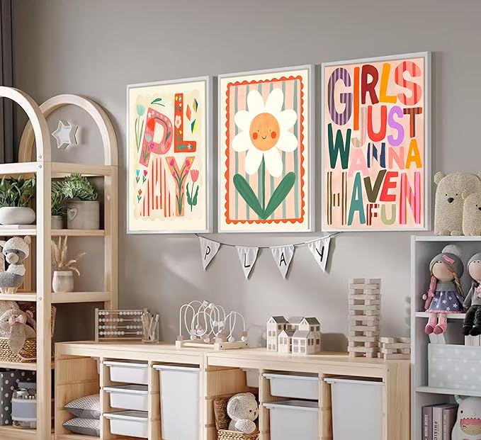 Boho Floral Sun Nursery Wall Art Girls Just Wanna Have Fun Positivity Affirmation Rainbow Print Playroom Classroom Counseling Office wall decor Play Poster for Kids Bedroom, 12x16 Inch, Set of 3