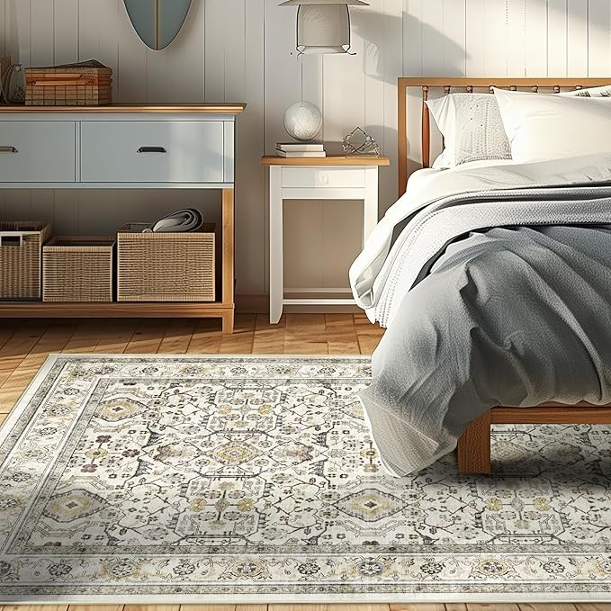WITSHOCK Living Room Area Rugs 4x6: Washable Rug Boho Soft Non-Slip Low Pile Stain Resistant Foldable Carpet for Bedroom Playroom Dining Room Office Kitchen Farmhouse Home Decor Rug-Cream Color