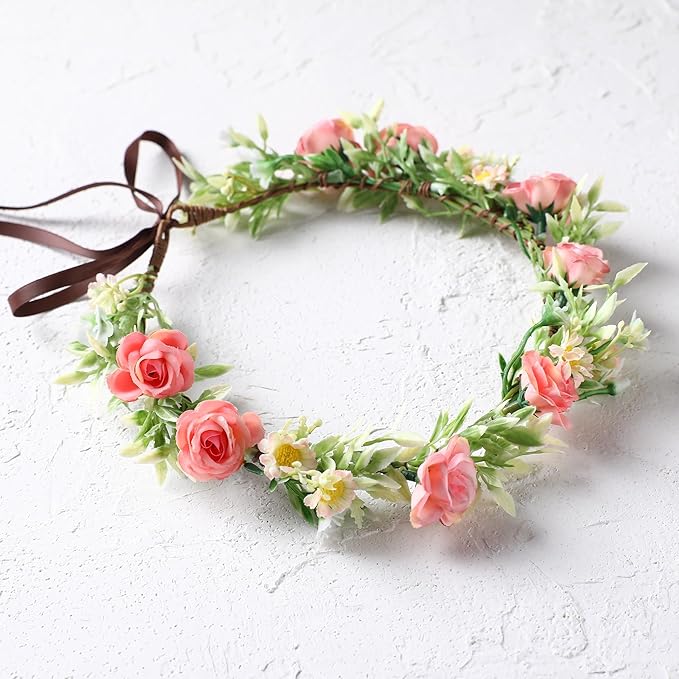 Handmade Fairy Flower Crown - Fashion Pink Flower Headband Mini Rose Hair Wreath Women Girls Floral Headpiece for Wedding Festival Halloween Cosplay