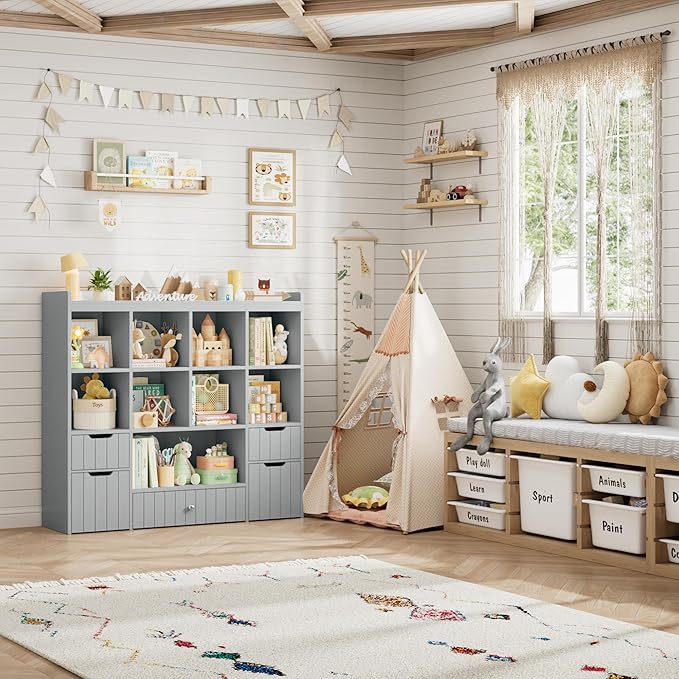 HITHOS 48" W Toy Storage Organizer, Large Kids Bookshelf with Rolling Toy Chest, Toy Organizer with Storage Bins, Book Shelf for Kids Room, Playroom Toy Box with 9 Open Cubbies for Boys/Girls, Grey