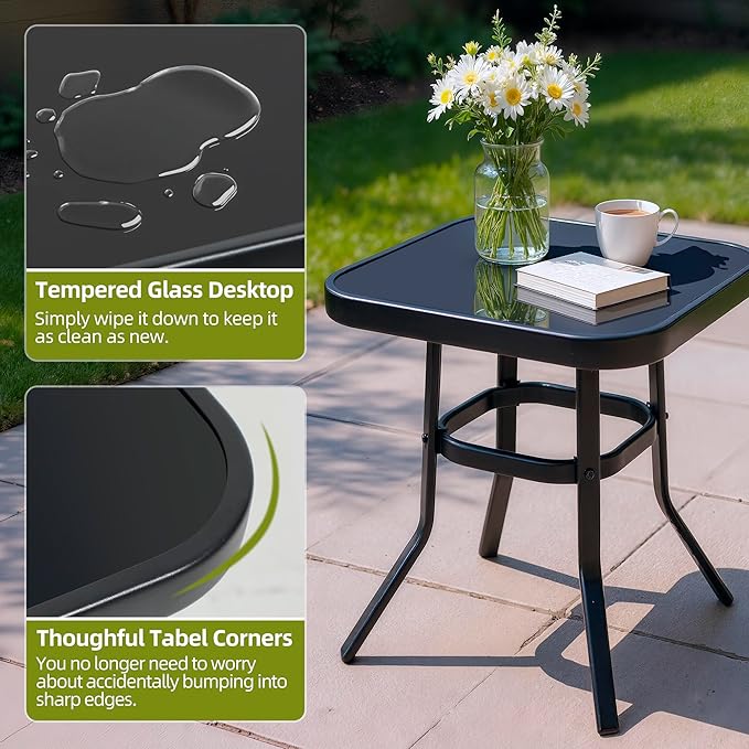 SUNCROWN Outdoor 3-Piece Rocking Chairs Patio Bistro Set Black Steel Furniture with Thickened Cushion and Glass-Top Coffee Table, Brown