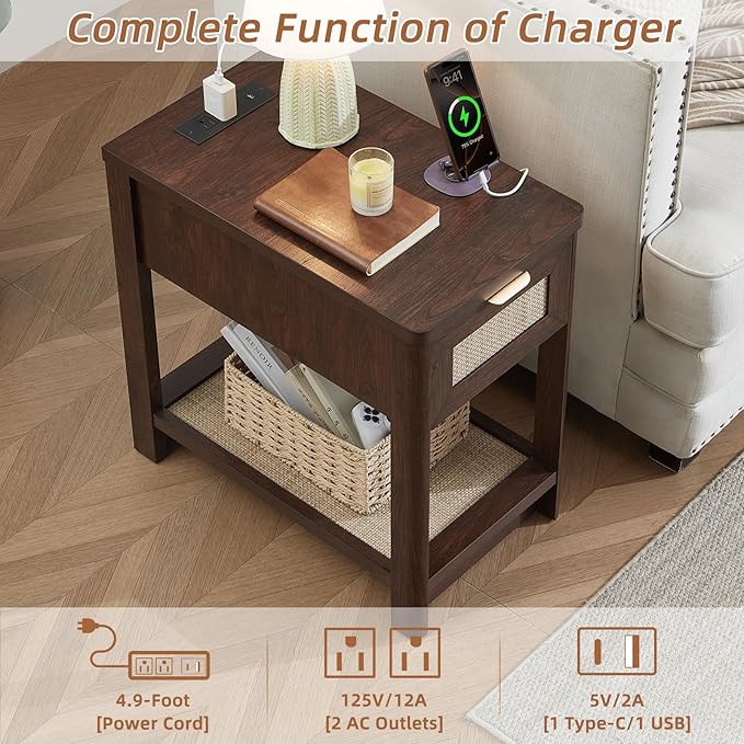 Lerliuo Narrow Night Stand Set of 2 with Charging Station, Boho Nightstand with Drawer, Bed Side End Table with Rattan Shelf for Small Spaces, Wood Nightstands Bedside Tables for Living Room Bedroom