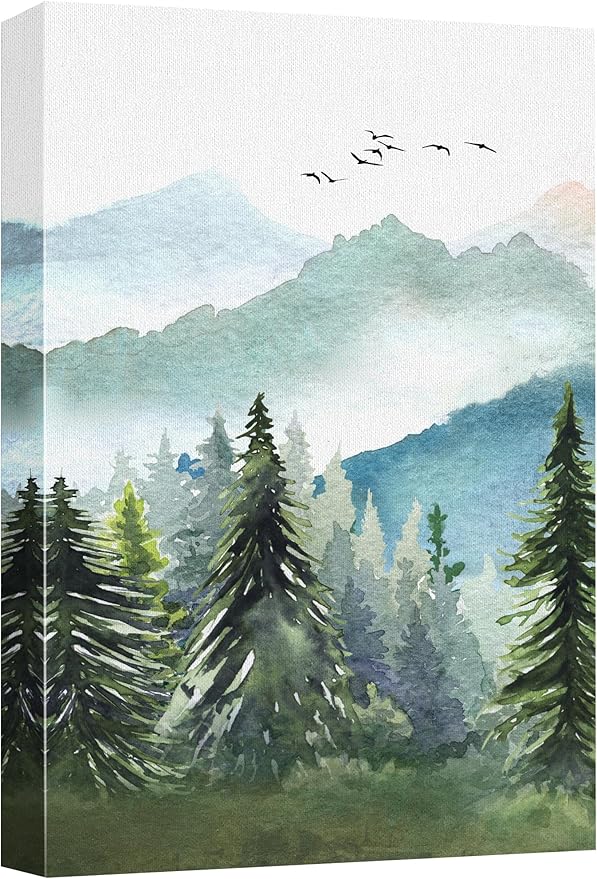 SIGNWIN Canvas Print Wall Art Watercolor Green Forest Tree Mountain Range Nature Landscape Prints Modern Art Woodland Nursery Decor for Living Room, Bedroom, Office - 24"x36"