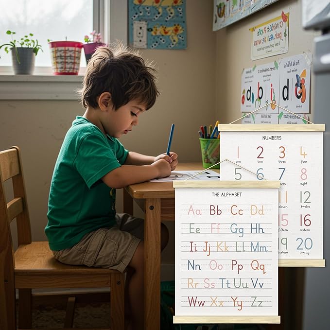BONETAT Numbers alphabet poster for Nursery Toddlers,Correct Letter Formation on Line Paper, Play Room Wall Decor,ABC Wall Chart,Preschool Homeschool Decor Kids Wall Decor,Wooden Alphabet Banner-A04