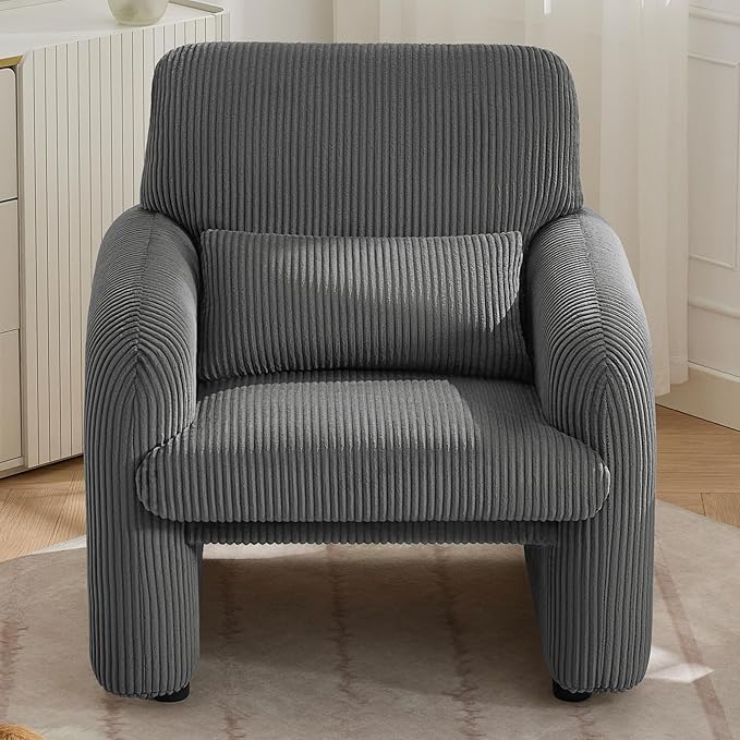 Corduroy Fabric Accent Chairs Set of 2, Modern Upholstered Living Room Chairs with Lumbar Pillow, Wide Comfy Leisure Armchair for Bedroom, Office, Reading, Grey