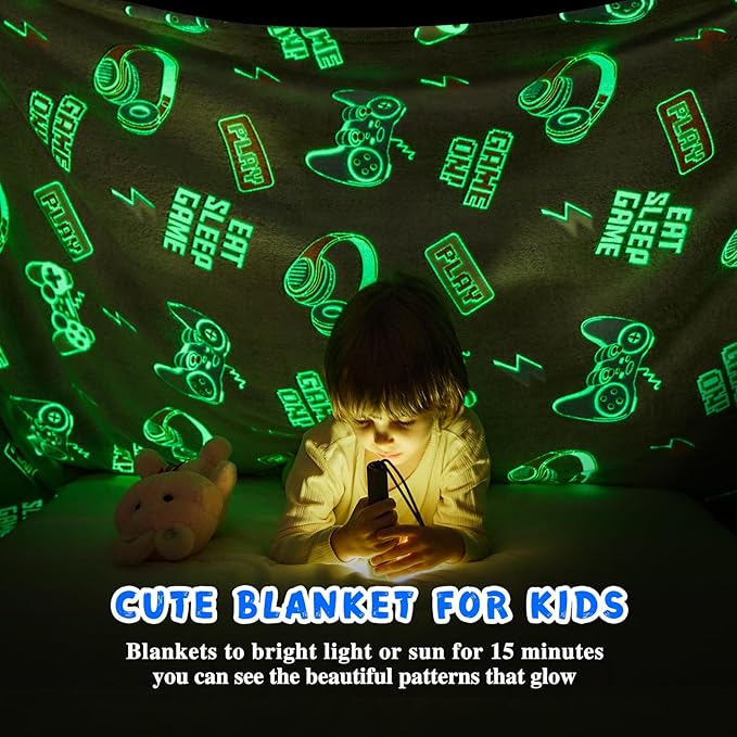 inhand Glow in The Dark Blanket Gamer Gifts for Boys Controller Kids Throw Gaming Blanket Gamer Toys for Kids Boys Game Gamepad Presents Birthday Easter Halloween （Grey 50"x60"）
