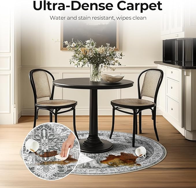 WITSHOCK Area Rug Round Rugs, 4Ft Oriental Circle Area Rugs for Living Room Machine Washable Non Slip Stain Backing Rug Soft Foldable, Vintage Rugs Home Office Kitchen Hallway Bedroom, Gray