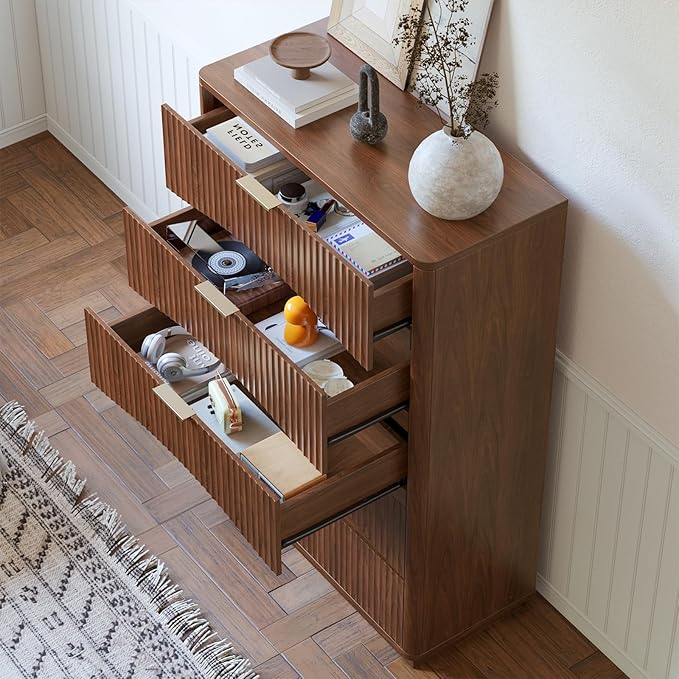 Evermagin Fluted 5 Drawers Dresser, 47" Tall Wooden Dressers Storage Organizer,Modern Chest of Drawers for Bedroom with Deep Storage, Living Room,Entryway, Walnut