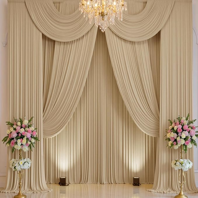 20×14 ft Beige Backdrop Curtain for Wedding Parties, 4 Panels 14ft Long Wrinkle Free Silky Polyester Backdrop Drapes Tan Photo Back Drop Cloth for Birthday Baby Shower Photography Backgrounds