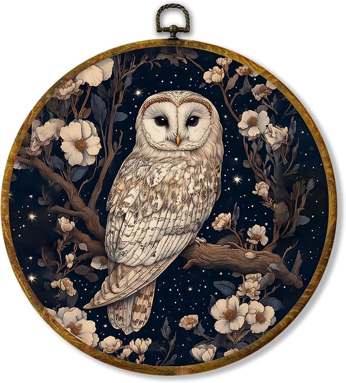 Hiuwevt Enchanted Forest Owl Round Wall Art Decor, Mystical Starry Night Whimsical Owl Hanging Canvas Prints Artwork Framed, Dark Cottagecore Animal Circular Wall Decor for Home Room, 10x10 Inch