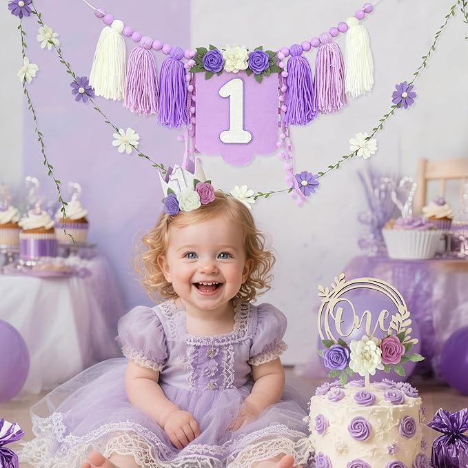Wildflower 1st High Chair Banner Birthday Decorations For Girl One Flower Cake Topper Floral Hat Birthday Decoration Supplies