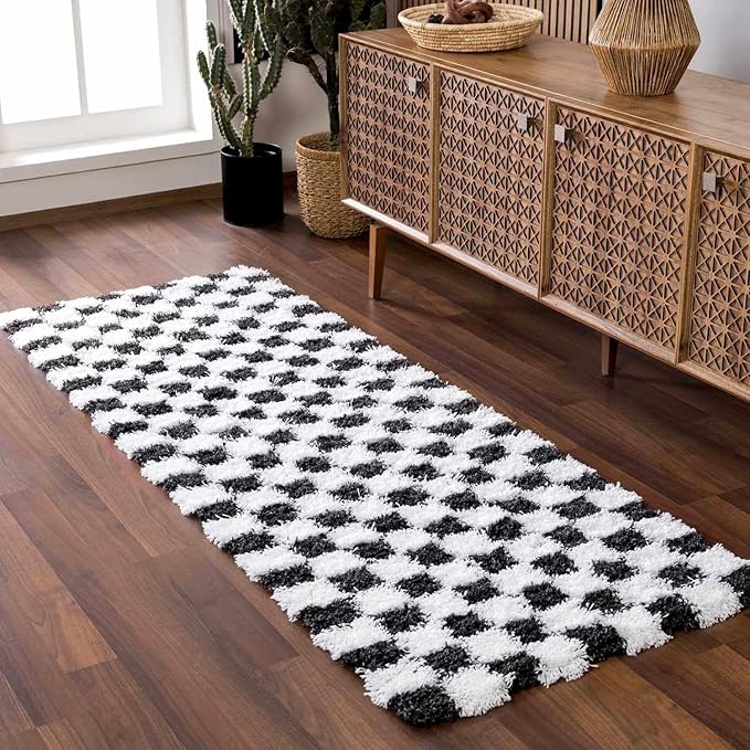 Hauteloom Atira Contemporary Checkered Fluffy Shag Area Rug - Modern Geometric Carpet Tiles for Living Room, Kids Room, Nursery - Plush Pile - Black, White - 5'3" x 7'3"