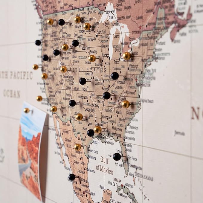Canvas World Map with Cork Pin Board - English Lettering - Decorative Wall Decoration for All Rooms - Canvas Pictures with World Map Motif (70x50 cm, Pattern 16)