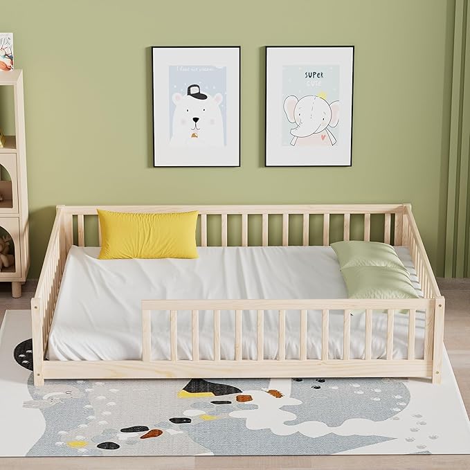 LLS Full Floor Bed for Kids Toddlers, Solid Wood Multifunctional Montessori Bed Frame with Safety Guardrails, Without Door, Easy Assemble, Natural